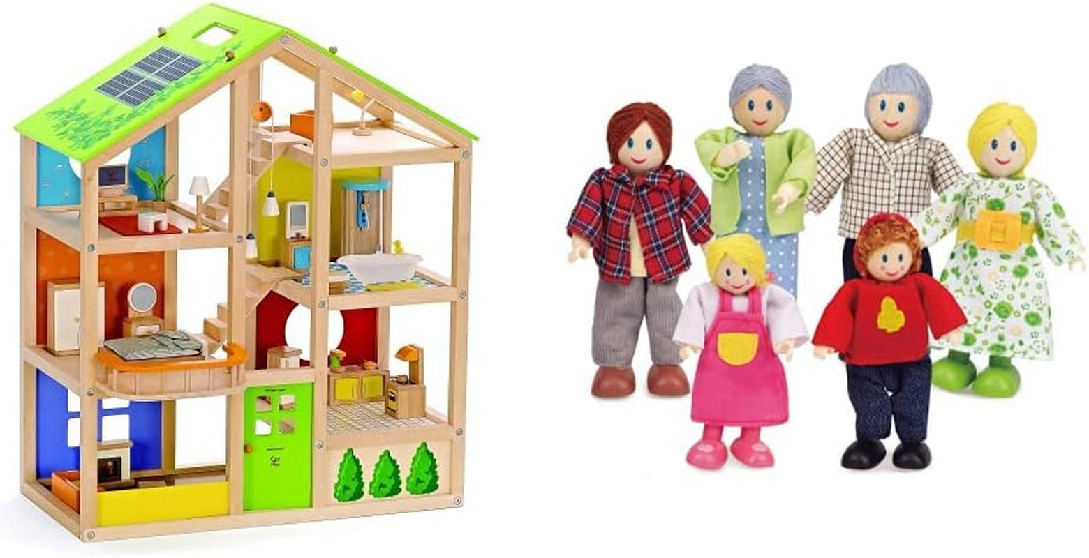 Hape E3401 Domek Four Seasons, umeblowany i E3500 - Rodzina lalek, jasna skóra