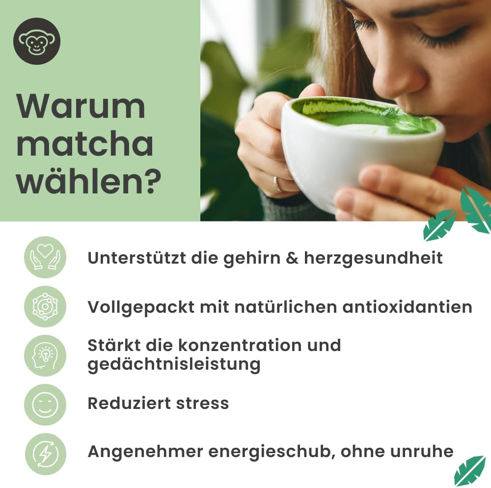 Purechimp Ceremonial Grade Matcha w proszku 50g. 100% czysta, cieniowana herbata w proszku do latte, naparów i przepisów. Słoik nadający się do recyklingu. Bogaty w przeciwutleniacze.