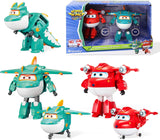Super Wings 5" Transformujące postacie Zestaw 2 zestawów Transforming Supercharged Jett + Tino Transformator Zabawka dla chłopców i dziewcząt w wieku od 3 lat Czerwone figurki Naty Shop Jett Tino