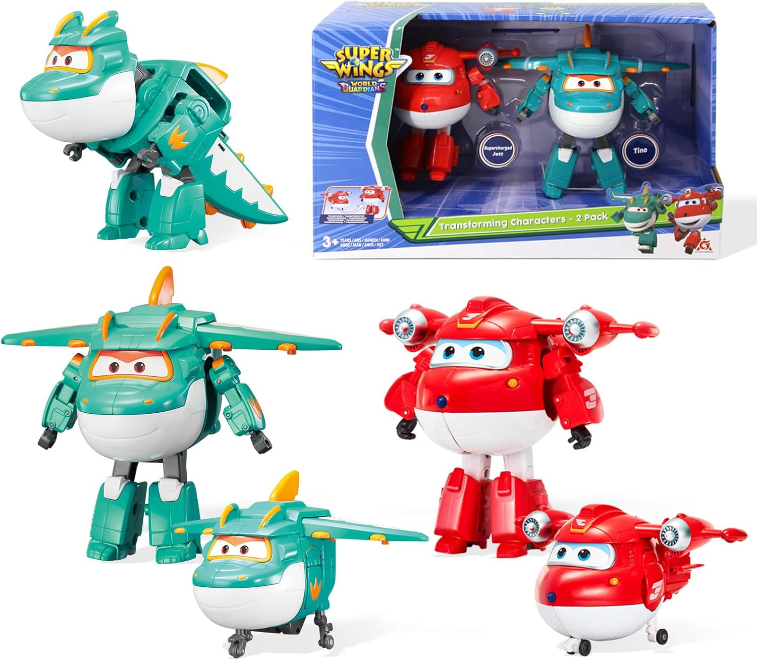 Super Wings 5" Transformujące postacie Zestaw 2 zestawów Transforming Supercharged Jett + Tino Transformator Zabawka dla chłopców i dziewcząt w wieku od 3 lat Czerwone figurki Naty Shop Jett Tino