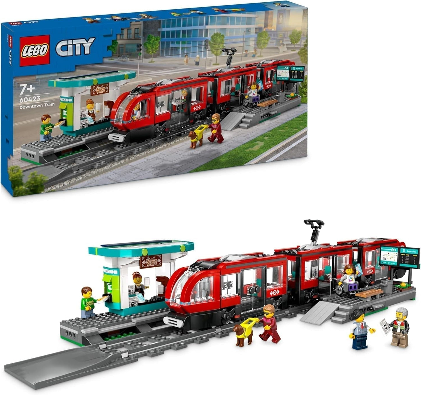 LEGO City tramwaj ze stacją, pomysł na prezent dla fanów zabawek samochodowych od 7 lat, z 6 minifigurkami i psem przewodnikiem do odgrywania ról, zabawka do budowania 60423 Zestawy do budowania Besuche den LEGO-Store Domyślny tytuł