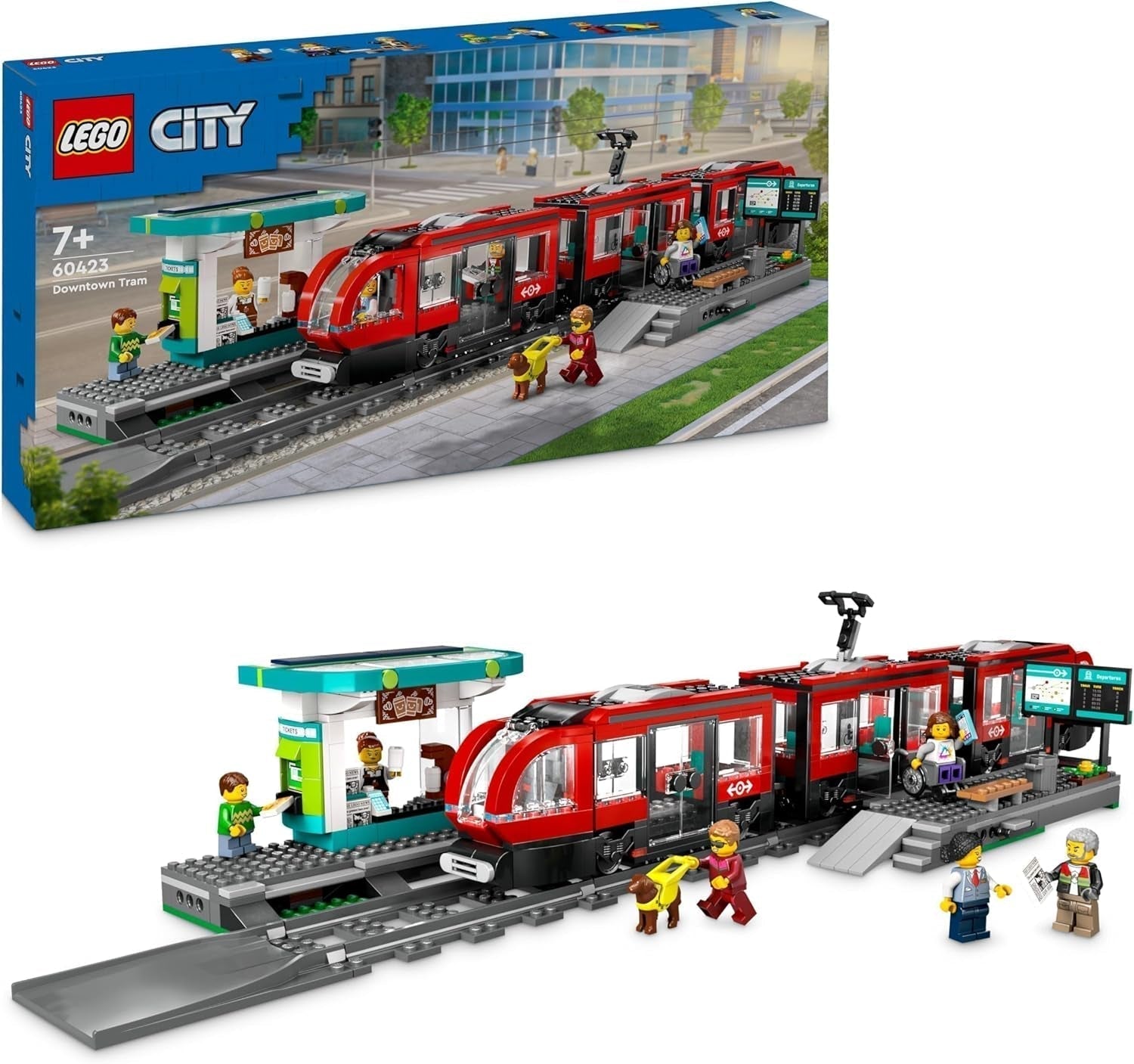 LEGO City tramwaj ze stacją, pomysł na prezent dla fanów zabawek samochodowych od 7 lat, z 6 minifigurkami i psem przewodnikiem do odgrywania ról, zabawka do budowania 60423 Zestawy do budowania Besuche den LEGO-Store Domyślny tytuł