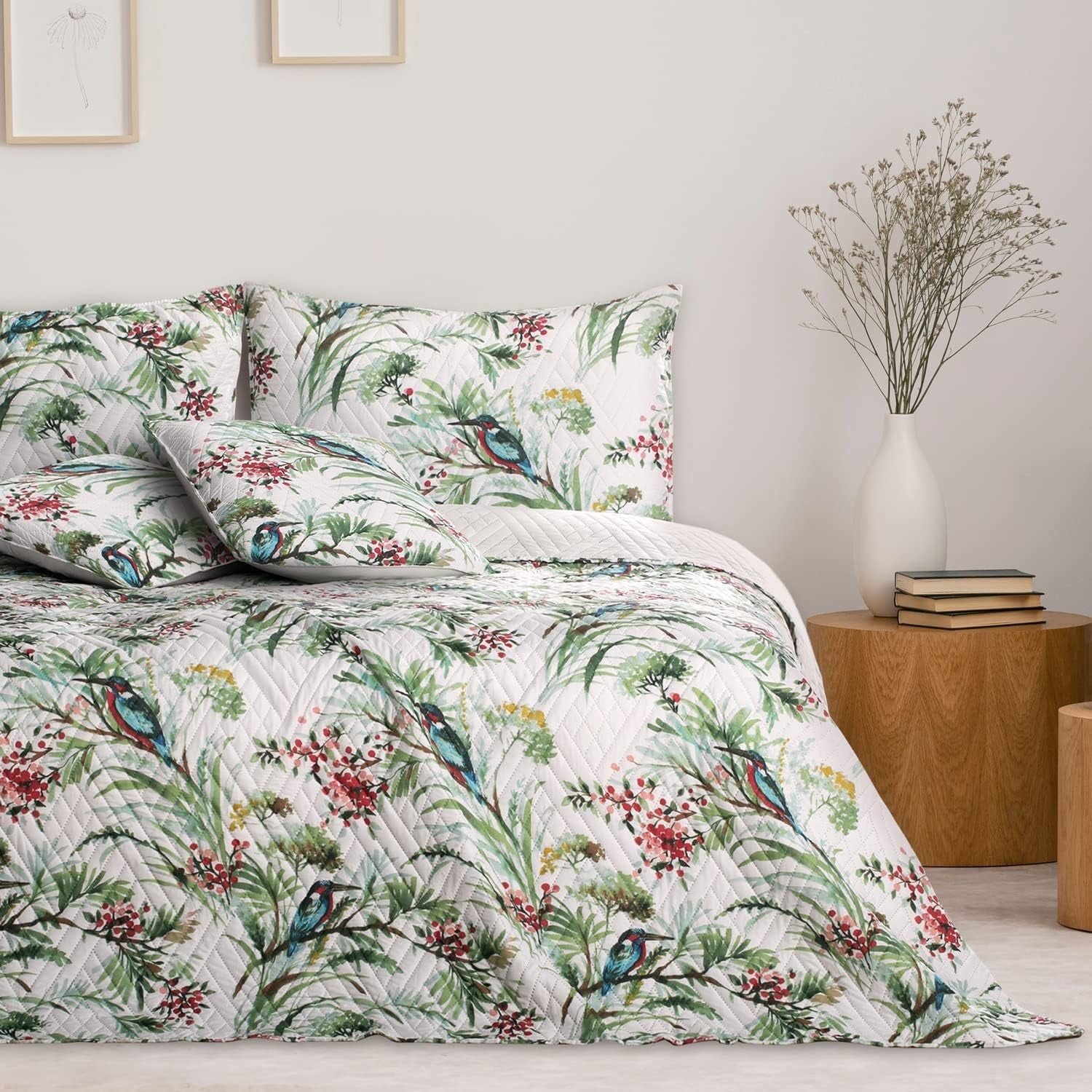 Ameliahome Narzuta Narzuta 260X280 cm Dwustronna Łatwa w pielęgnacji Pikowanie Wzór roślinny Wzór ptaka Wielokolorowy Kingfisher Łóżka i koce Besuche den AmeliaHome-Store