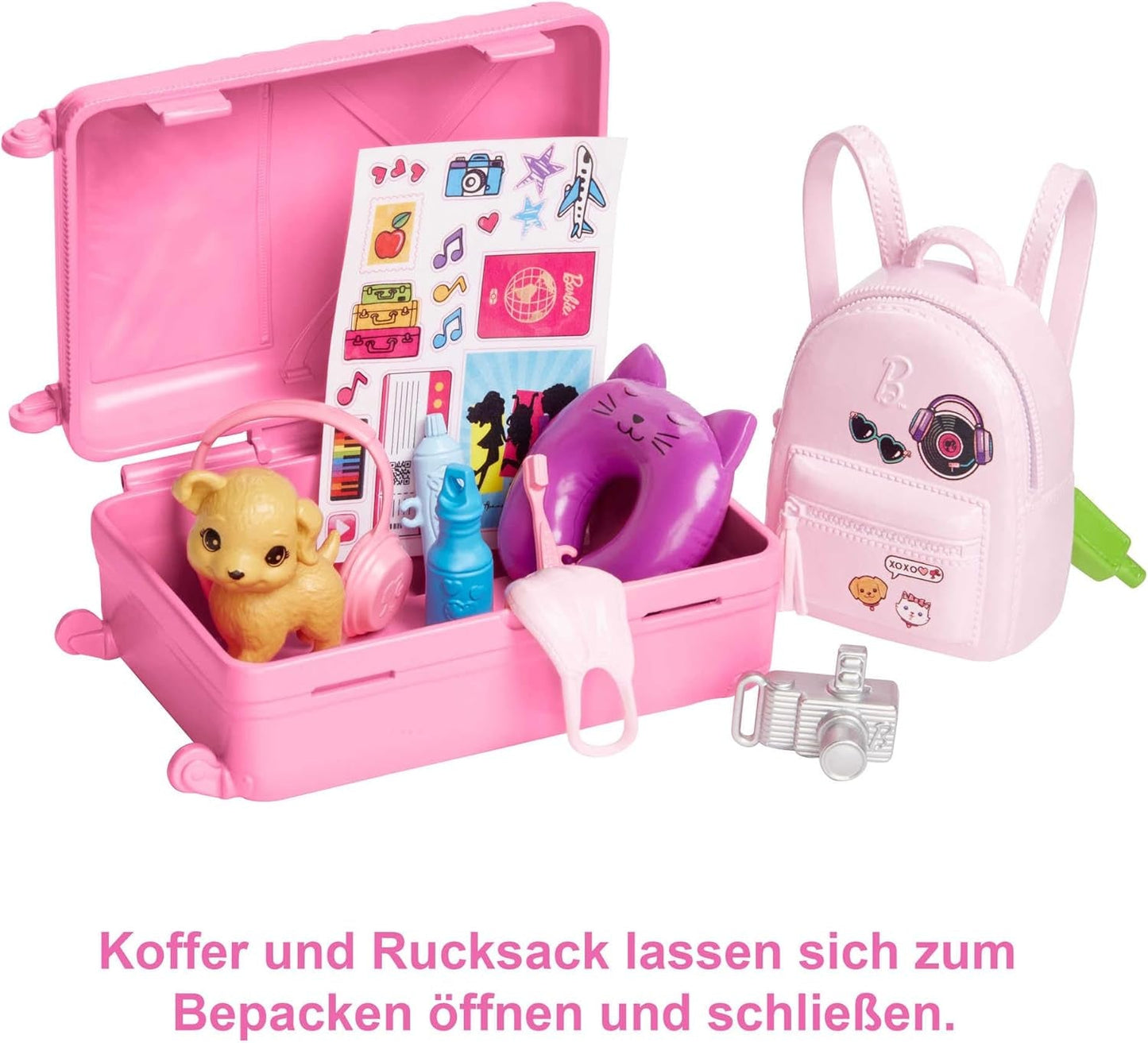 Lalka Barbie, podróżna Barbie z blond włosami, ponad 10 akcesoriów podróżnych, naklejki, walizka, szczeniak, w zestawie 1 lalka, prezent dla dzieci, zabawka w wieku 3+, HJY18