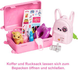 Lalka Barbie, podróżna Barbie z blond włosami, ponad 10 akcesoriów podróżnych, naklejki, walizka, szczeniak, w zestawie 1 lalka, prezent dla dzieci, zabawka w wieku 3+, HJY18