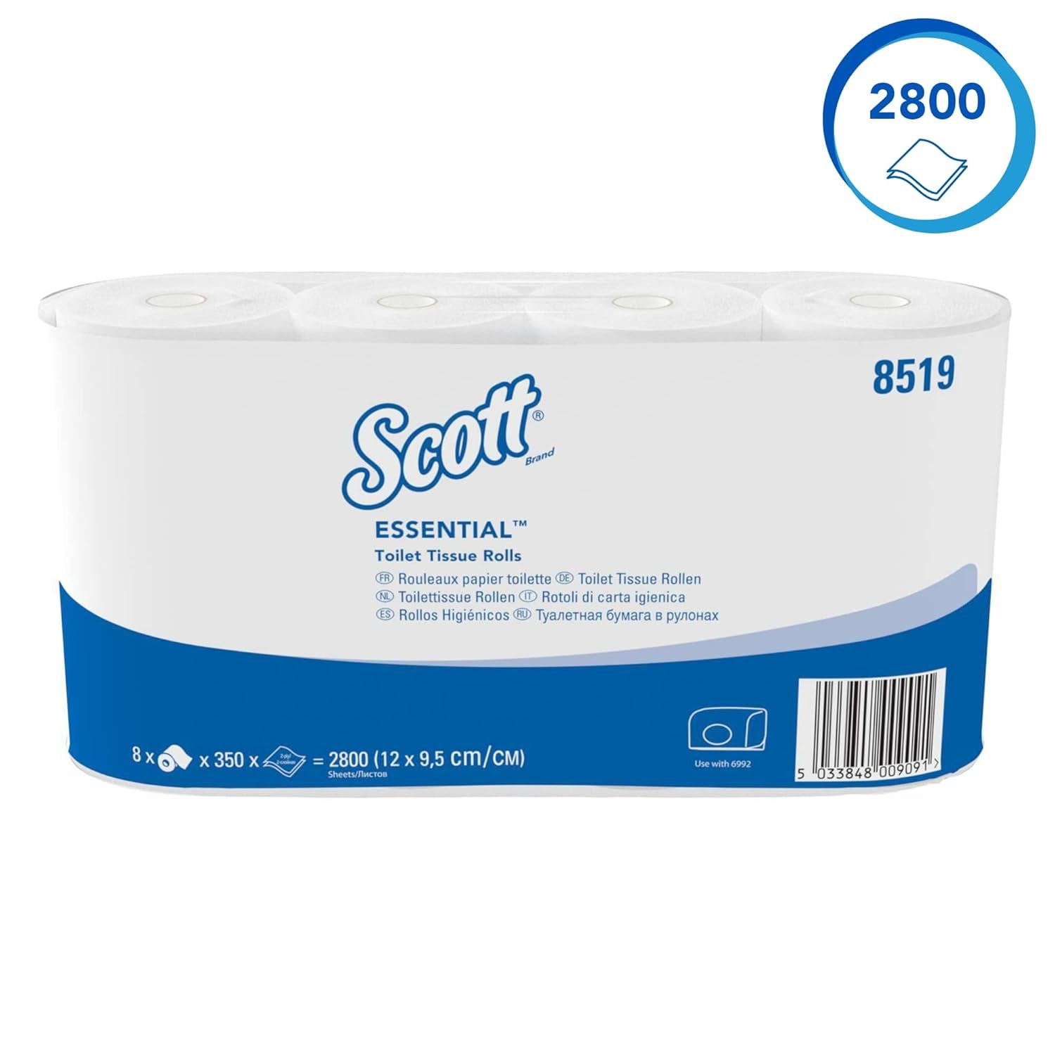 Scott® Essentialtm 8519 Papier toaletowy 2-warstwowy biały papier toaletowy z makulatury z certyfikatem Fsc 64 rolki x 350 arkuszy (łącznie 22 400 arkuszy)