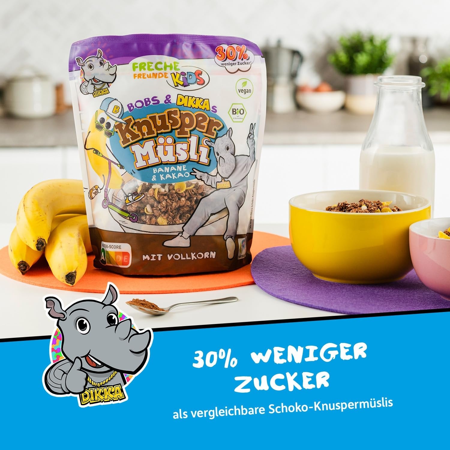 FRECHE FREUNDE KIDS, Bobs & DIKKAs Chrupiące musli kakaowe z bananami, Muesli z chrupiącą czekoladą dla dzieci, o niskiej zawartości cukru, bez dodatków, 100% wegańskie, 6 sztuk (6 x 280g)