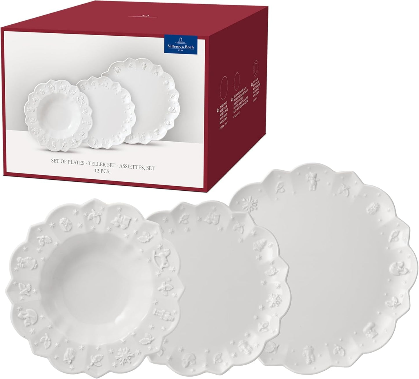 Villeroy & Boch Toy's Delight Royal Classic 12-częściowy zestaw naczyń obiadowych, można myć w zmywarce i używać w kuchence mikrofalowej, biały, talerze, zestaw naczyń obiadowych dla 4 osób, zastawa bożonarodzeniowa, zabawki, porcelana premium