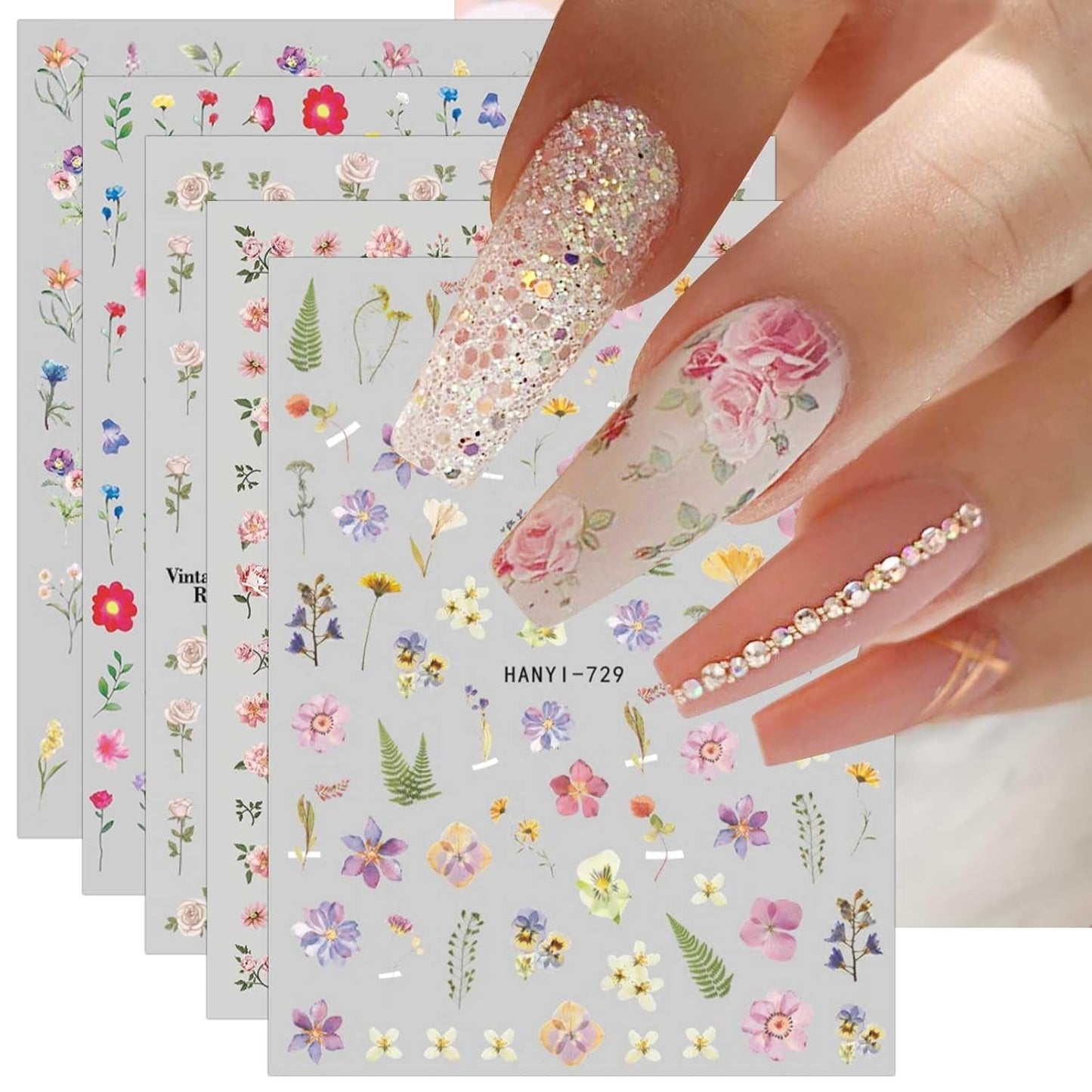 JMEOWIO Nagelsticker Frühlings Blume 9 Blatt Nail Art Naklejka Selbstklebend Nagelaufkleber Bunte Sommer Blumen Dekoration Nageldesign Zubehör