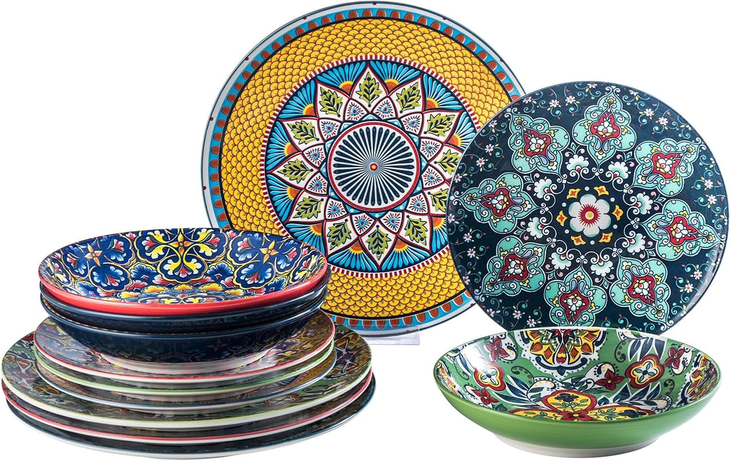 HENXFEN LEAD Porcelanowy zestaw obiadowy, 12-częściowy zestaw obiadowy dla 4 osób, kolorowy zestaw obiadowy dla 4 osób - ręcznie malowane talerze, talerze deserowe, talerze do zupy - styl boho