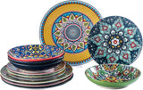 HENXFEN LEAD Porcelanowy zestaw obiadowy, 12-częściowy zestaw obiadowy dla 4 osób, kolorowy zestaw obiadowy dla 4 osób - ręcznie malowane talerze, talerze deserowe, talerze do zupy - styl boho