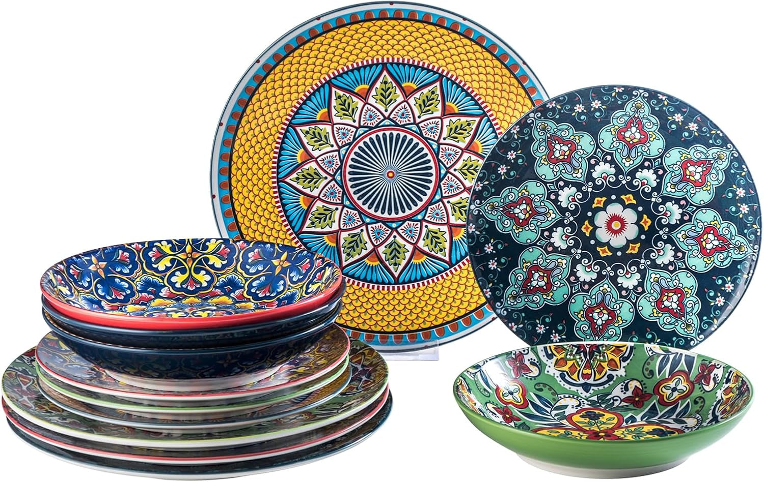 HENXFEN LEAD Porcelanowy zestaw obiadowy, 12-częściowy zestaw obiadowy dla 4 osób, kolorowy zestaw obiadowy dla 4 osób - ręcznie malowane talerze, talerze deserowe, talerze do zupy - styl boho