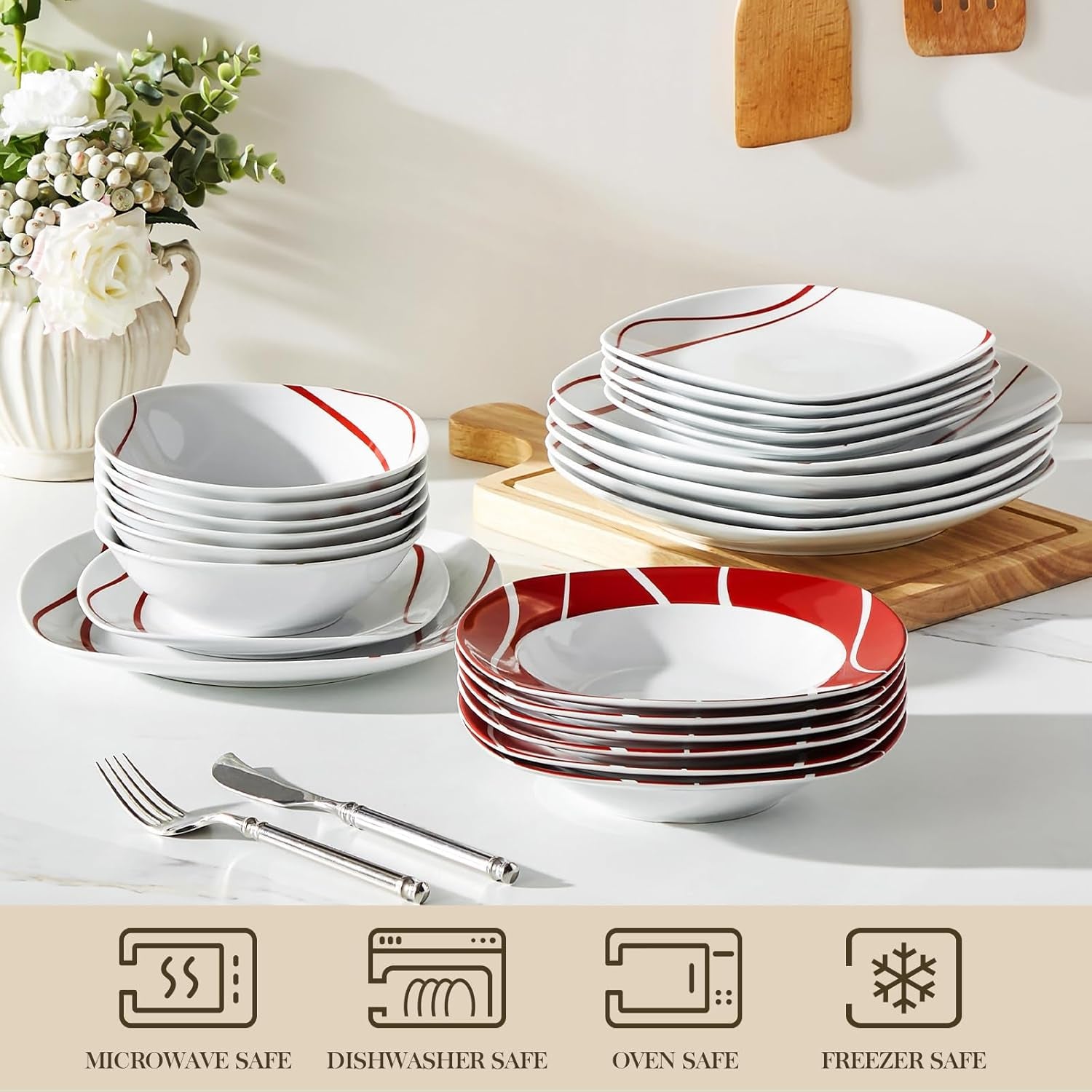 Zestaw naczyń obiadowych MALACASA dla 6 osób, Zestaw naczyń obiadowych z porcelany Felisa 24 elementy, Nowoczesny zestaw naczyń obiadowych z 6 talerzami obiadowymi, talerzami deserowymi, talerzami i miskami Suma, Idealny na Boże Narodzenie i do codziennego użytku