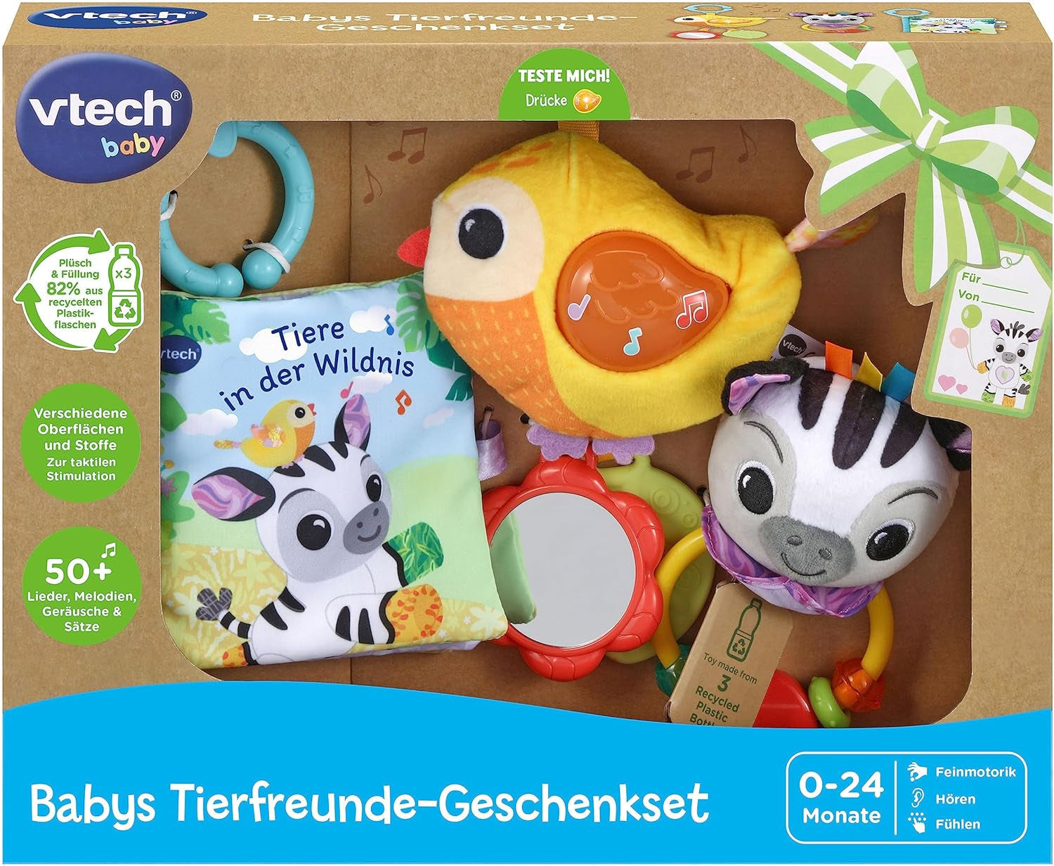 VTech Baby - Zestaw upominkowy dla przyjaciół zwierząt dziecka - Zestaw zabawek z książeczką z tkaniny, śpiewającym ptakiem i grzechotką zebry - dla dzieci w wieku 0-24 miesięcy Naty Shop
