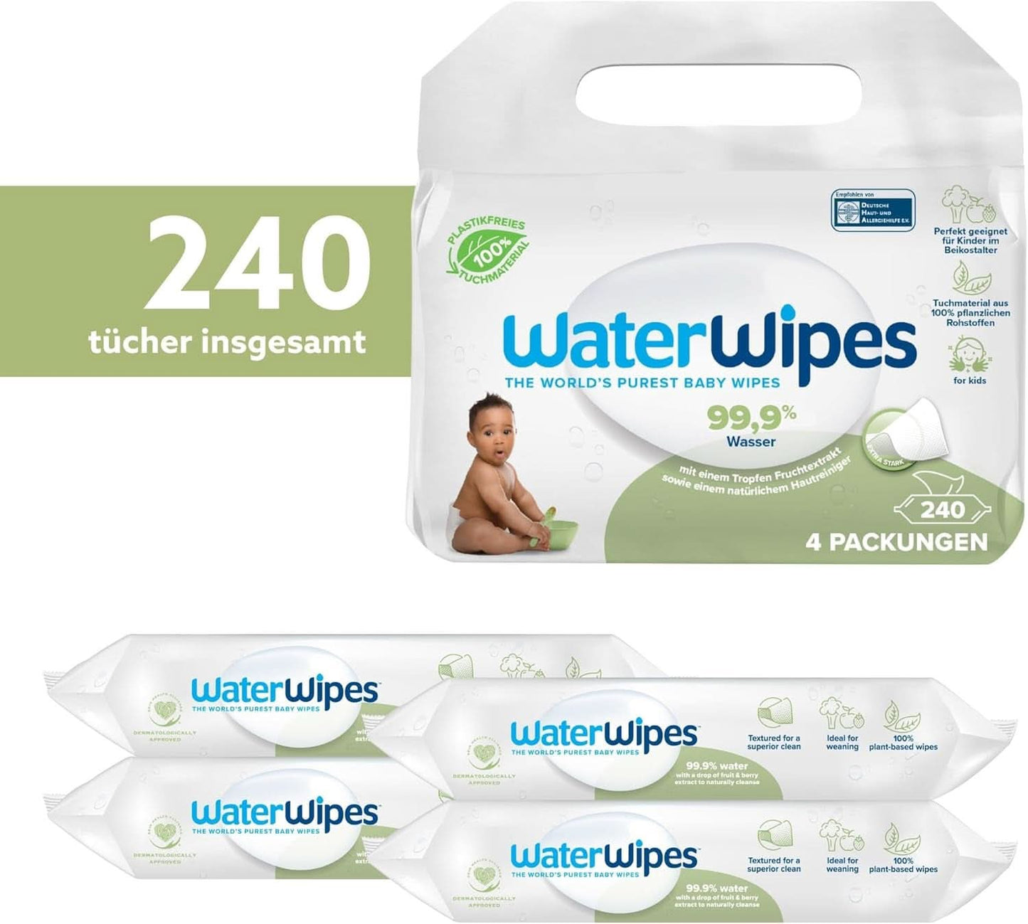 Chusteczki wodne Plastikfreie, Texturierte Reinigungstücher Für Kleinkinder & Babies, 240 Stück (4 opakowania), 99,9 % Wasserbasierte Reinigungstücher, Unperfümiert Für Empfindliche Haut Naty Shop