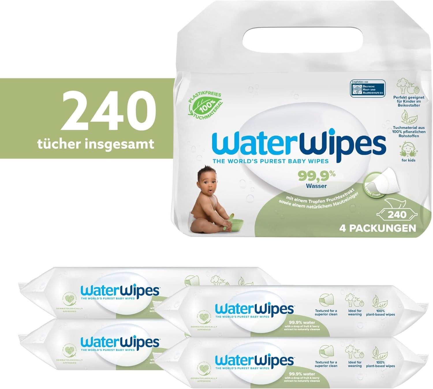 Chusteczki wodne Plastikfreie, Texturierte Reinigungstücher Für Kleinkinder & Babies, 240 Stück (4 opakowania), 99,9 % Wasserbasierte Reinigungstücher, Unperfümiert Für Empfindliche Haut Naty Shop