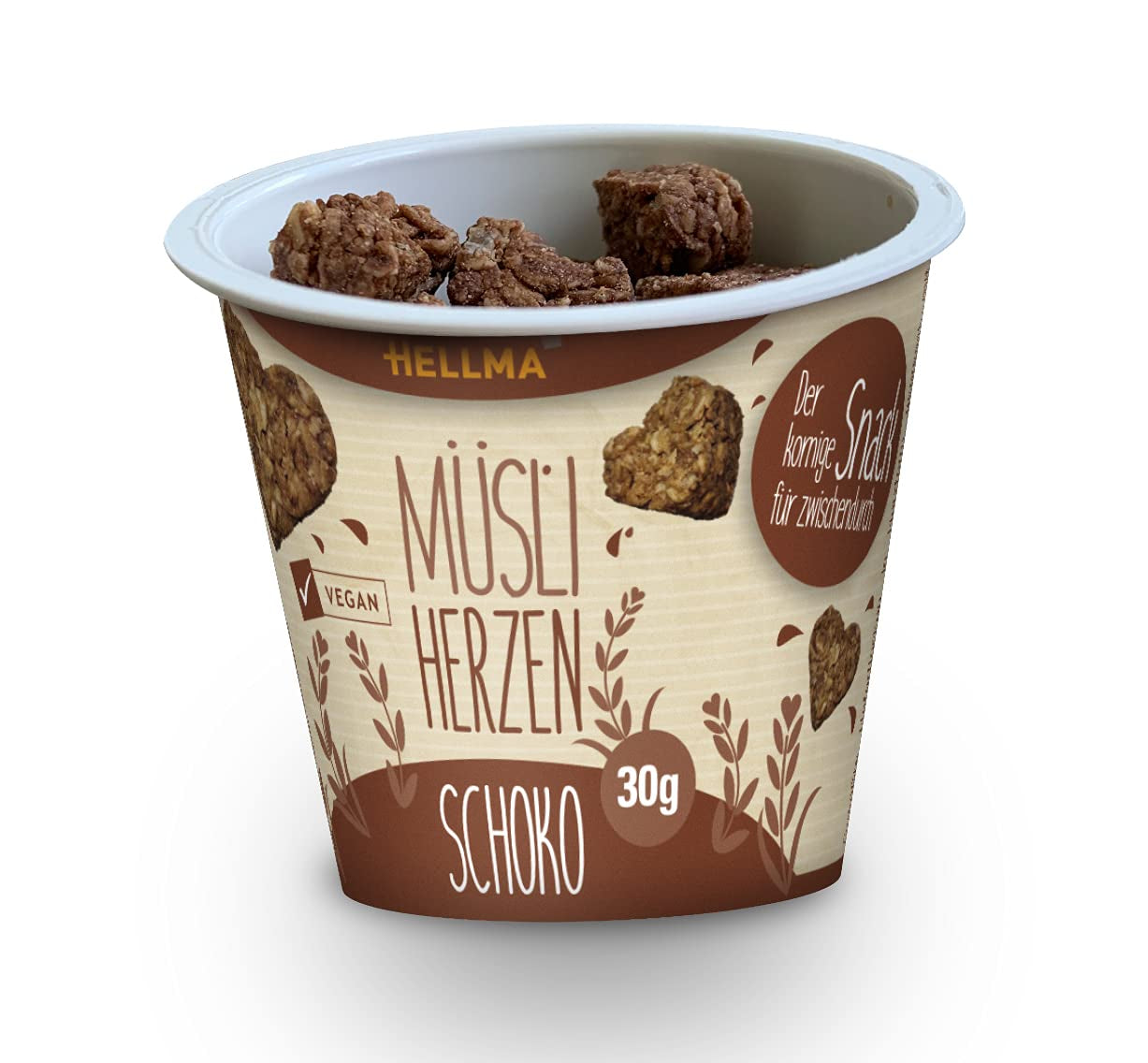 HELLMA Serduszka z Muesli i Czekoladą - 18 porcji po 30 g - Płatki Owsiane w kształcie serca oblane czekoladą, kubeczki na wynos