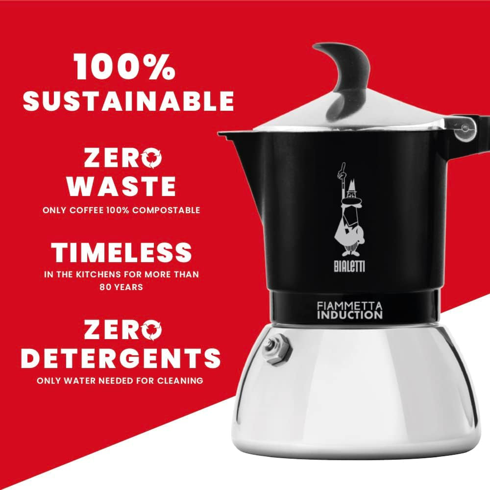 Indukcyjny ekspres do kawy Bialetti Fiammetta, 2 filiżanki (100 ml), odpowiedni do wszystkich rodzajów płyt grzewczych, elegancki wygląd, czarny