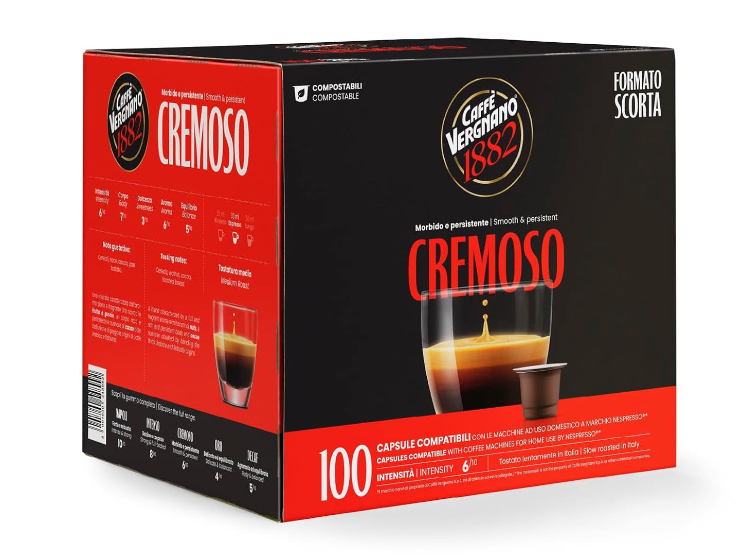 Caffè Vergnano 1882 - Kaffeekapseln kompostowalna Èspresso, kompatybilna z Nespresso, Cremoso (kremowa) - Packung Enthält 100 Kapseln