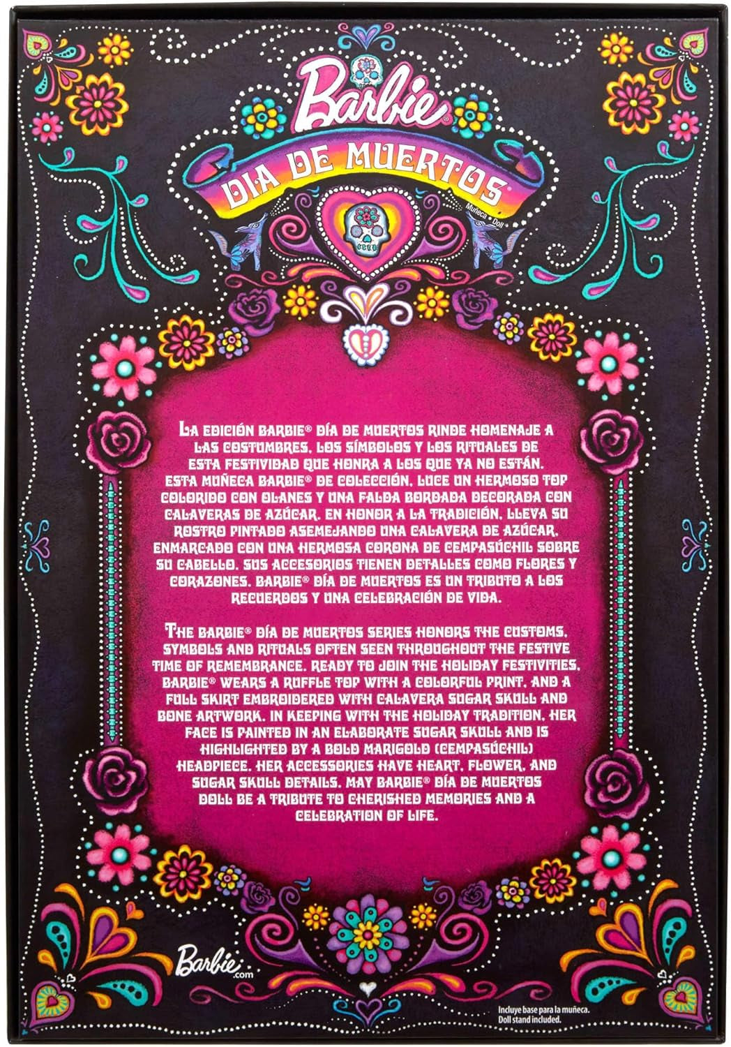 Podpisowa lalka Barbie, figurka kolekcjonerska Día De Muertos 2024 w czarnej sukience i niebieskim marszczonym topie, z haftowanym nadrukiem i kolorowymi dodatkami, HRM72