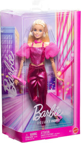 Lalka Barbie Deluxe Style nr 5 w metalicznym różowym blond stroju, z błyszczącym stanikiem i błyszczącymi spodniami, z dodatkami, takimi jak różowy naszyjnik i torebka, JFP40