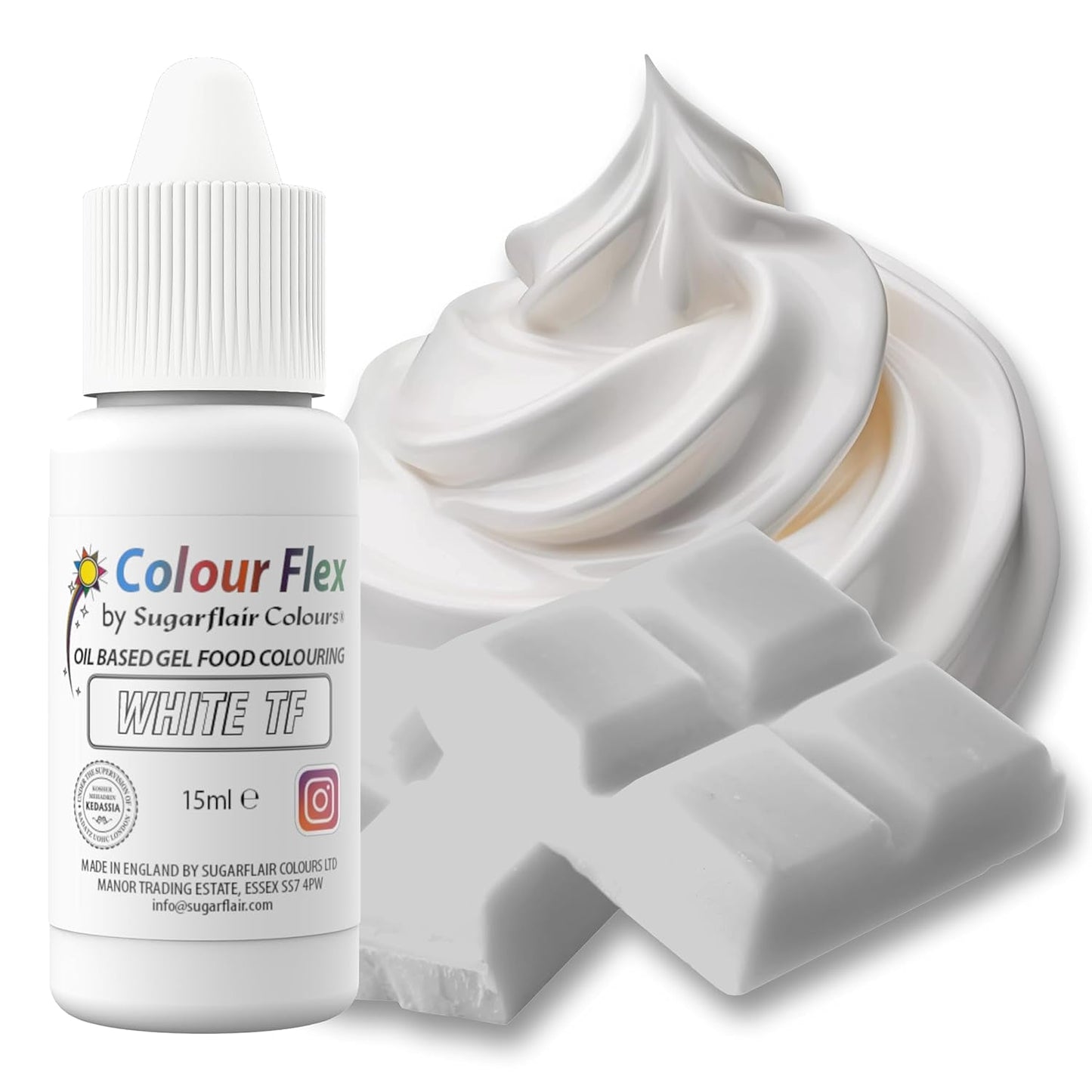 Sugarflair Colourflex Biały barwnik spożywczy na bazie oleju, wysoce skoncentrowany płynny barwnik spożywczy, barwnik spożywczy do śmietany, czekolady, ciasta, kremówki, lukieru i nie tylko - 15 ml