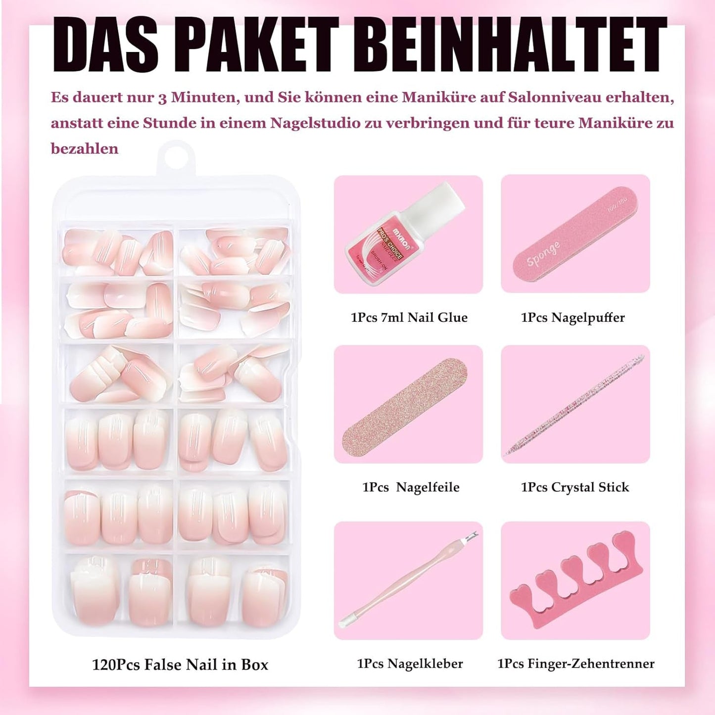 120 szt. Nude Pink Sztuczne paznokcie z klejem do paznokci - 12 rozmiarów Krótkie owalne kwadratowe naciśnięcie na paznokcie - Piękne paznokcie, Klej na sztucznych paznokciach - Odpowiednie dla kobiet DIY Nail Design (Squaval Pink Gradient)