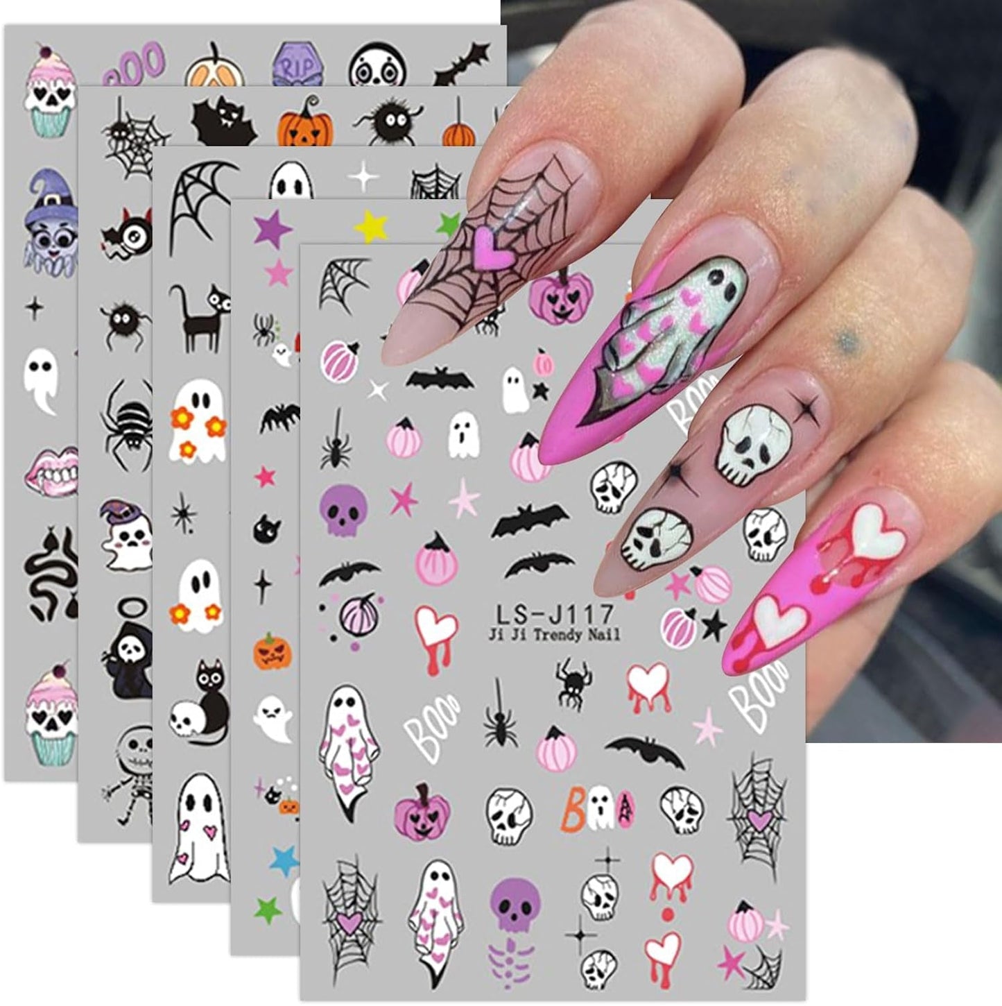 JMEOWIO Nagelsticker Halloween Süßer Geisterkürbis 9 Blatt Nail Art Naklejka Selbstklebend Nagelaufkleber Dekoration Nageldesign Zubehör