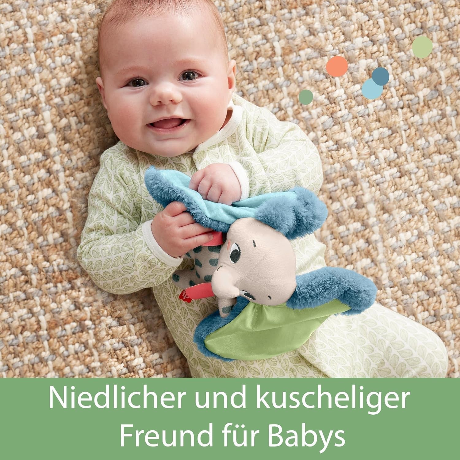 Fisher-Price Giant Ear Elephant - Urocza miękka pluszowa zabawka z bardzo dużymi uszami, wykonana w 90% z plastiku pochodzącego z recyklingu i z opakowania z certyfikatem FSC, dla dzieci od 3 miesiąca życia, HKD63 Bebe Toys Naty Shop