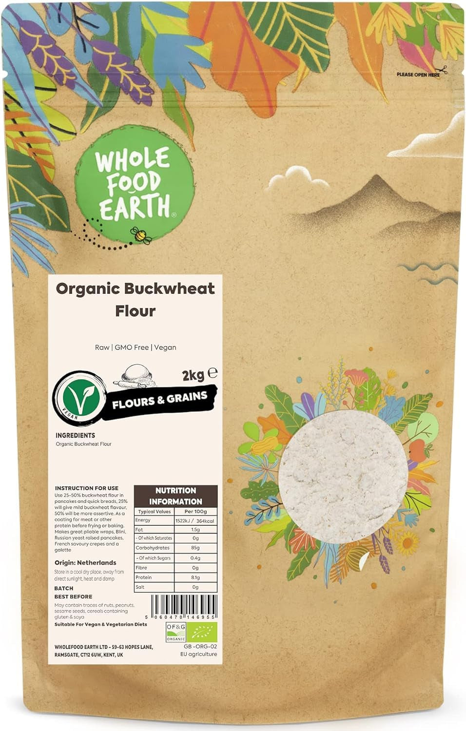 Organiczna mąka gryczana pełnoziarnista ziemna 1kg | Okrutny | Bez GMO | wegańskie | Certyfikowane organiczne