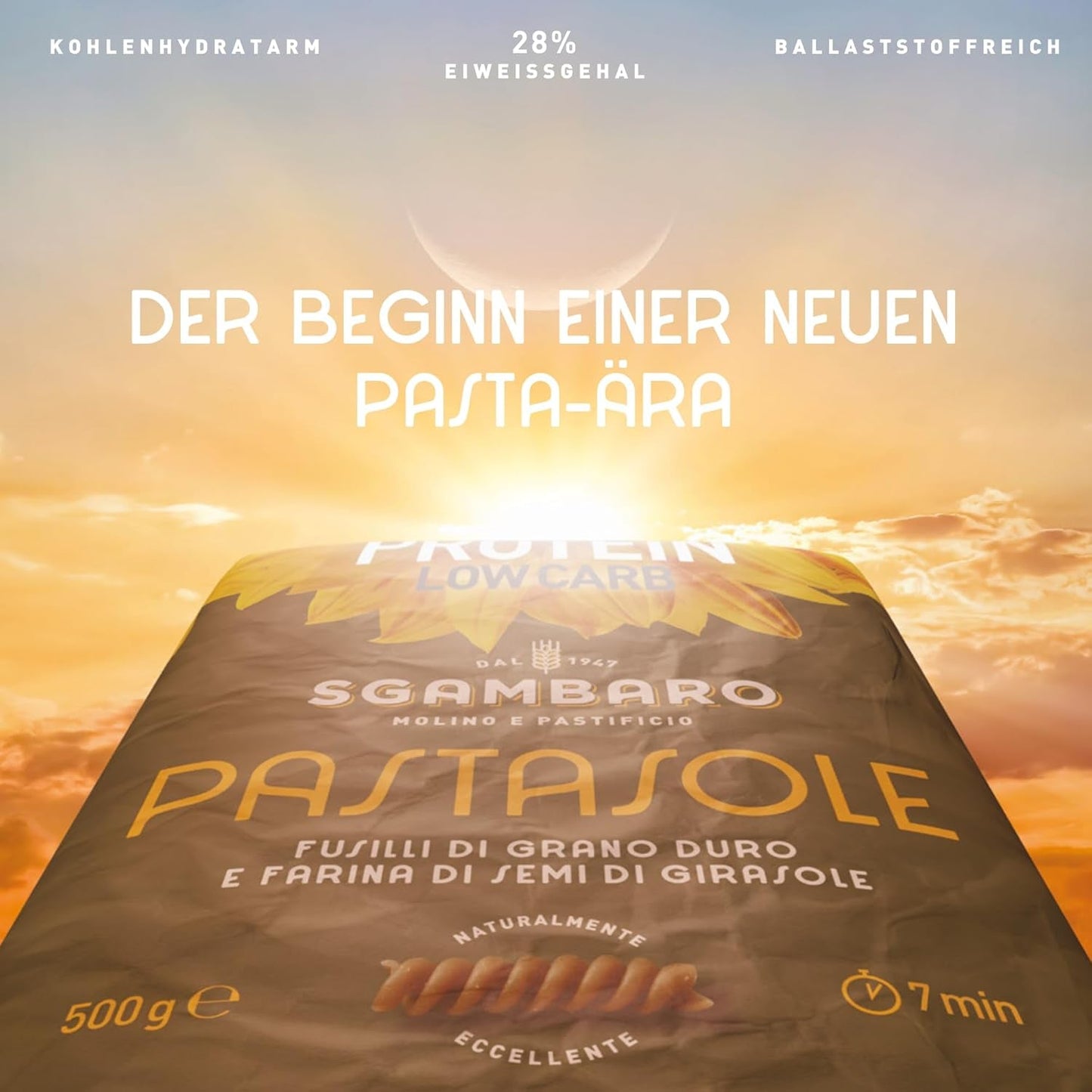 PASTASOLE, Penne Rigate mit Hartweizengriess aus 100% italienischem Anbau und Sonnenblumenkernmehl - 500g - Wysokobiałkowe, Niskowęglowodanowe, Hoher Balaststoffgehalt