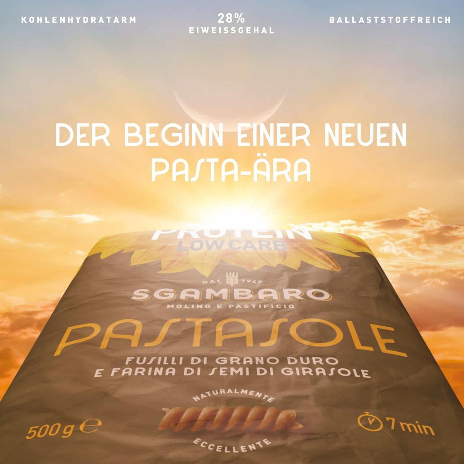 PASTASOLE, Penne Rigate mit Hartweizengriess aus 100% italienischem Anbau und Sonnenblumenkernmehl - 500g - Wysokobiałkowe, Niskowęglowodanowe, Hoher Balaststoffgehalt