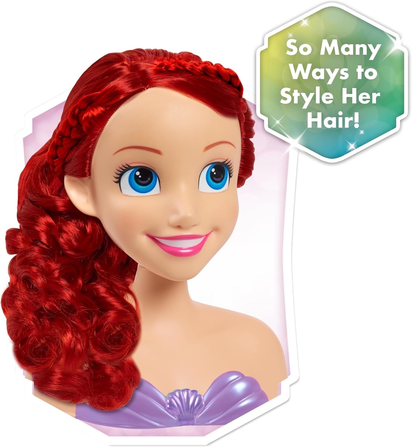 Ariel Just Play Disney Princess Hair Head 20 cm z akcesoriami 7-częściowy zestaw Rude włosy – zabawka dla dzieci w wieku 3 lat i więcej