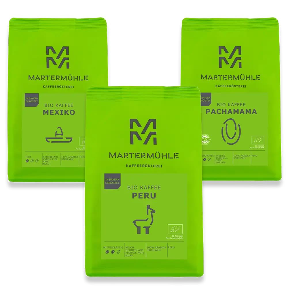 Zestaw próbek kawy organicznej Martermühle 3x250g jasna/średnia moc I Arabica I Całe organiczne ziarna kawy lekko palone, o niskiej kwasowości (68/74/426)