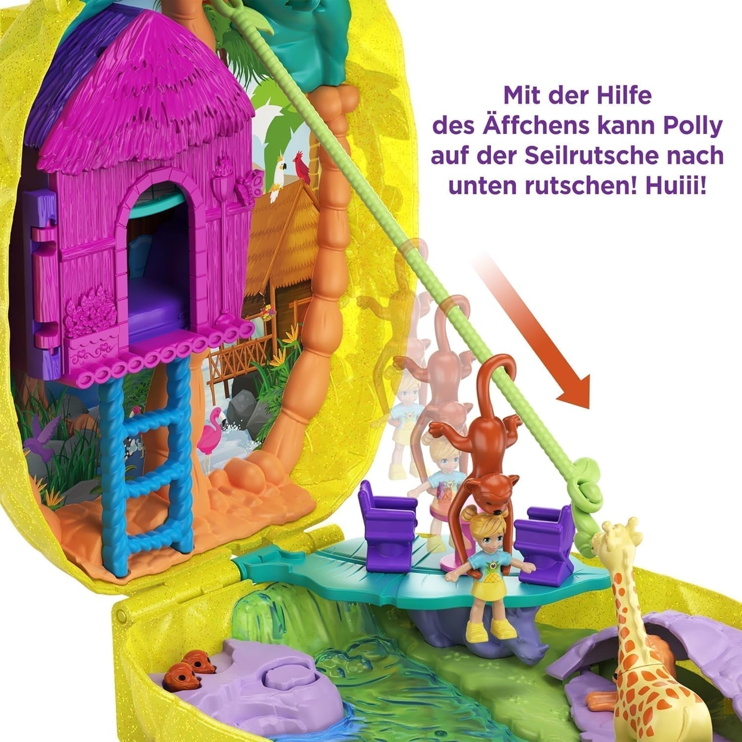 Polly Pocket GKJ64 - Przenośne pudełko kieszonkowe w kształcie ananasa z 8 zabawnymi funkcjami, lalkami Polly i Purple, 2 akcesoriami i arkuszem naklejek; zabawka dla dzieci od 4 roku życia Papusi Naty Shop