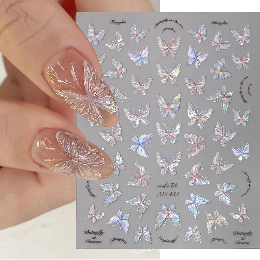 Glänzend Aurora Shell Schmetterling Nagelsticker Selbstklebend,Erleichterung Schmetterlinge Nail Naklejka Rosa Laser Schmetterling Nagelaufkleber Für Frauen Nageldesign Zubehör Nagel Zubehör Nail Art