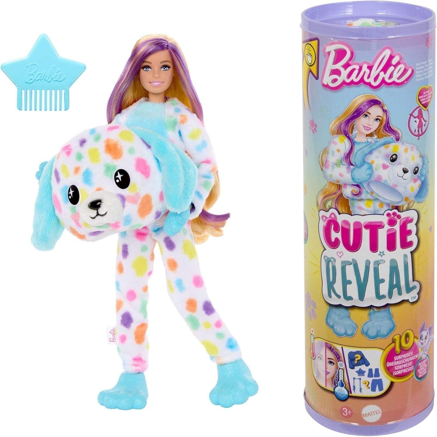Lalka Barbie Cutie Reveal i akcesoria, pluszowy kostium króliczka Batik i 10 niespodzianek zmieniających kolor, seria Color Dream, HRK38 Naty Shop Dolls Tęczowy dalmatyńczyk