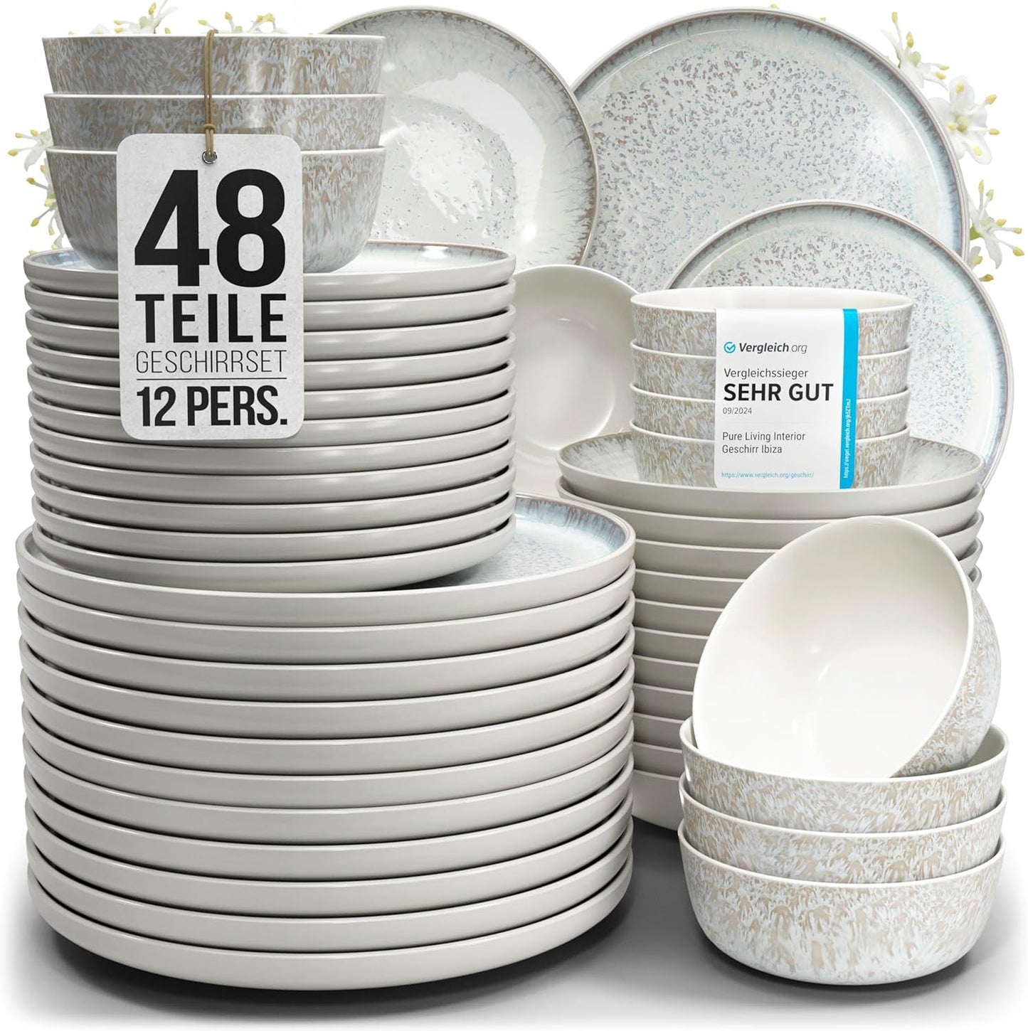 48-częściowy zestaw obiadowy z kamionki ceramicznej dla 12 osób, projekt Ibiza, ZWYCIĘZCA TESTU. Wspaniały śródziemnomorski zestaw zastawy stołowej z kamionki ceramicznej, zawierający miski i talerze. Zestaw zastawy stołowej Pure Living w kolorze beżowym.