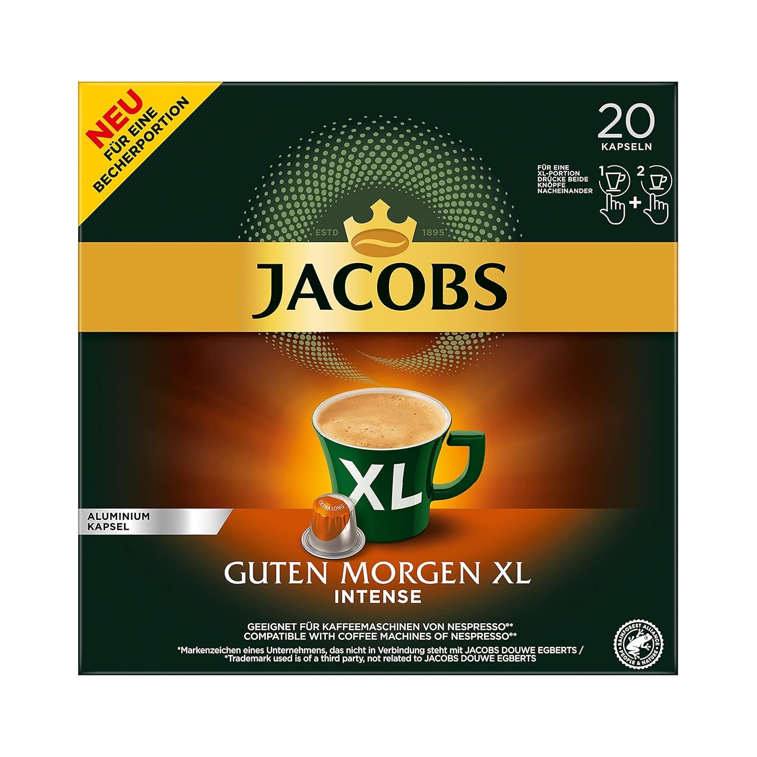 Jacobs Kaffeekapseln Guten Morgen XL Intense - 10er Pack (10 x 20 Getränke) i Kaffeekapseln Lungo Intenso, Intensität 8 z 12, 200 Kapseln kompatybilnych z Nespresso®*, 10 x 20 Getränke