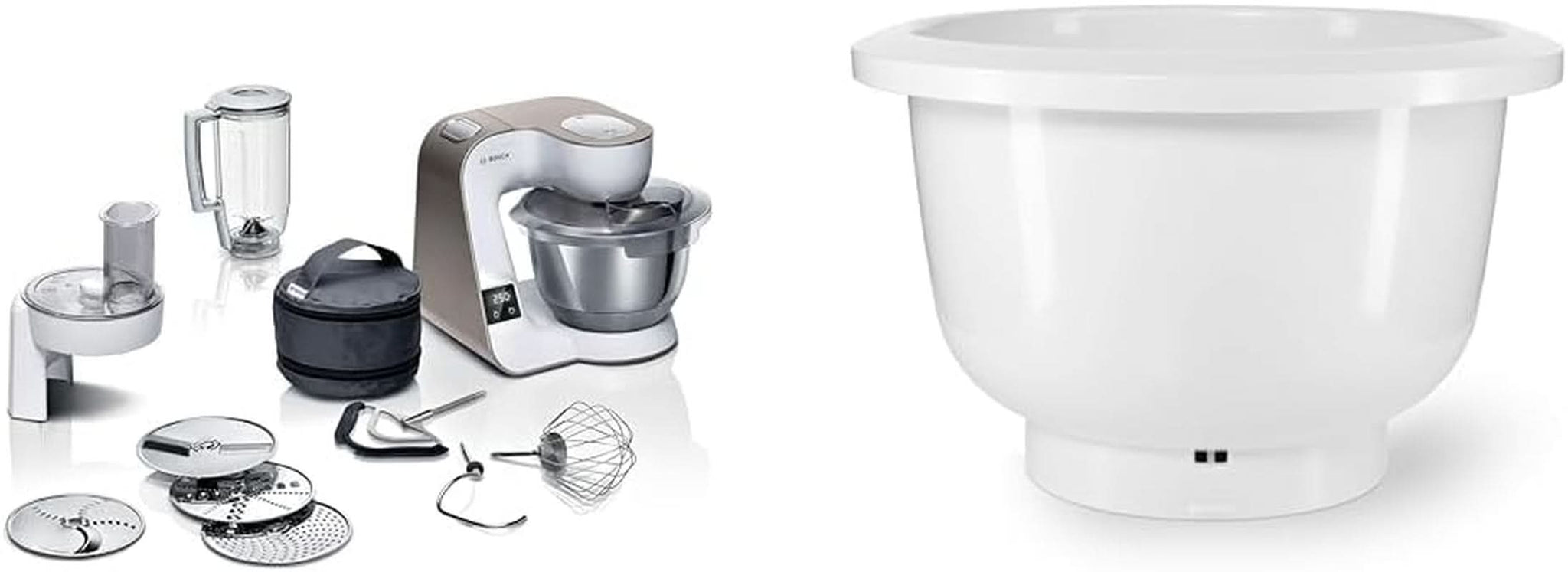 Robot kuchenny Bosch Series 4 MUM5X720, zintegrowana waga, miska ze stali nierdzewnej 3,9 l, mikser 1,25 l, 1000 W Akcesoria Żywność i karmienie piersią Baby Naty Shop Opakowanie z miską do miksowania Champagne White 2 akcesoria