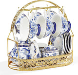 Fanquare Porcelanowy zestaw do herbaty w kształcie niebieskiego kwiatu z metalowym stojakiem Vintage porcelanowa filiżanka do kawy ze spodkiem Angielski zestaw do kawy dla dorosłych