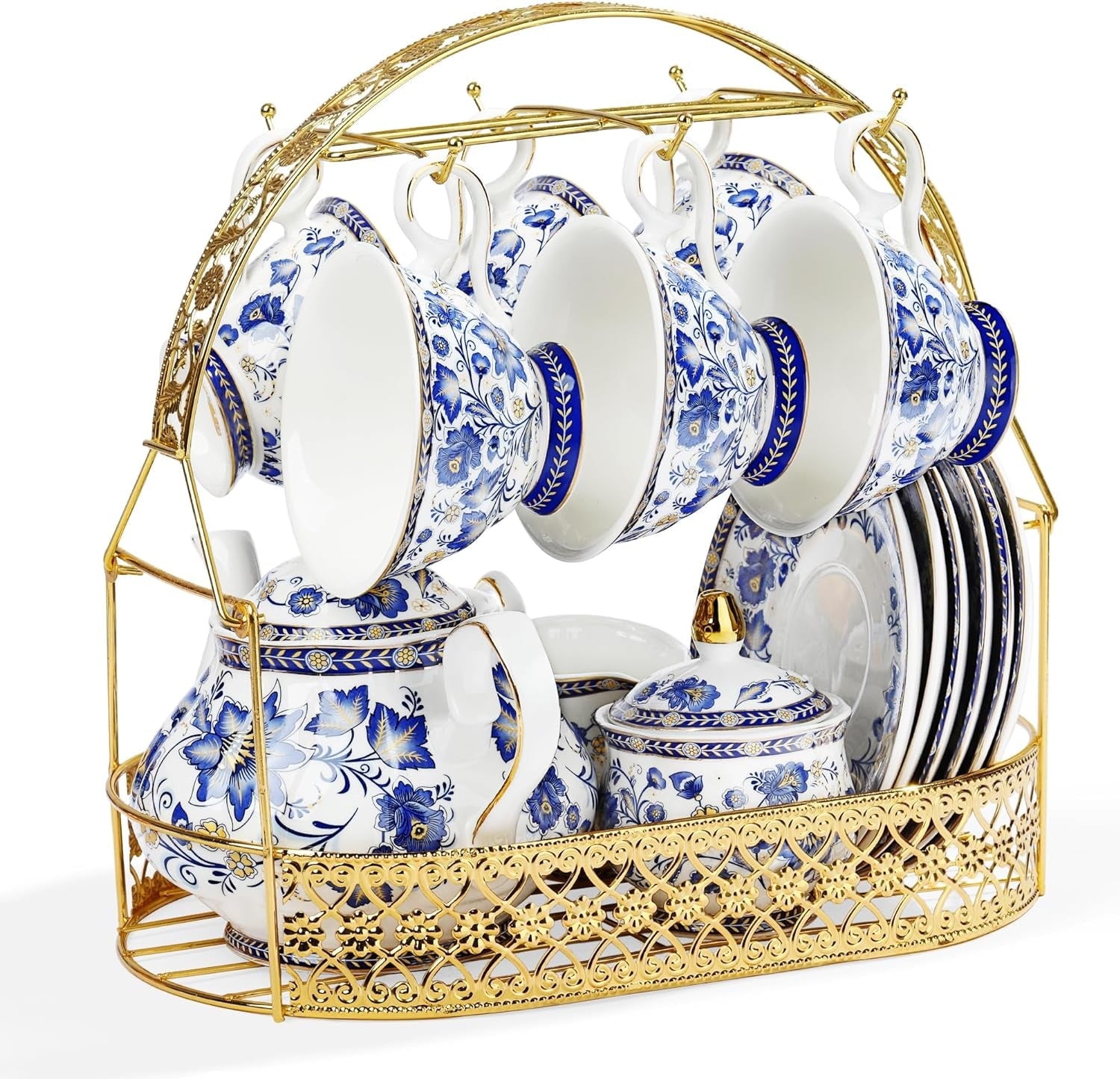 Fanquare Porcelanowy zestaw do herbaty w kształcie niebieskiego kwiatu z metalowym stojakiem Vintage porcelanowa filiżanka do kawy ze spodkiem Angielski zestaw do kawy dla dorosłych
