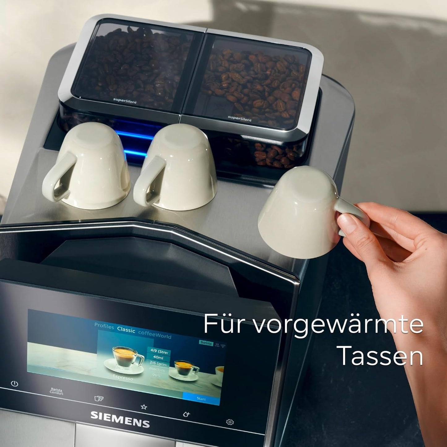 Automatyczny ekspres do kawy Siemens EQ900, duży kolorowy ekran TFT, 2 pojemniki na ziarna kawy, 36 gorących i zimnych napojów, zimna kawa, wyjątkowo cicha, funkcja dwóch filiżanek, sterowanie z aplikacji, stal nierdzewna, TQ907D03