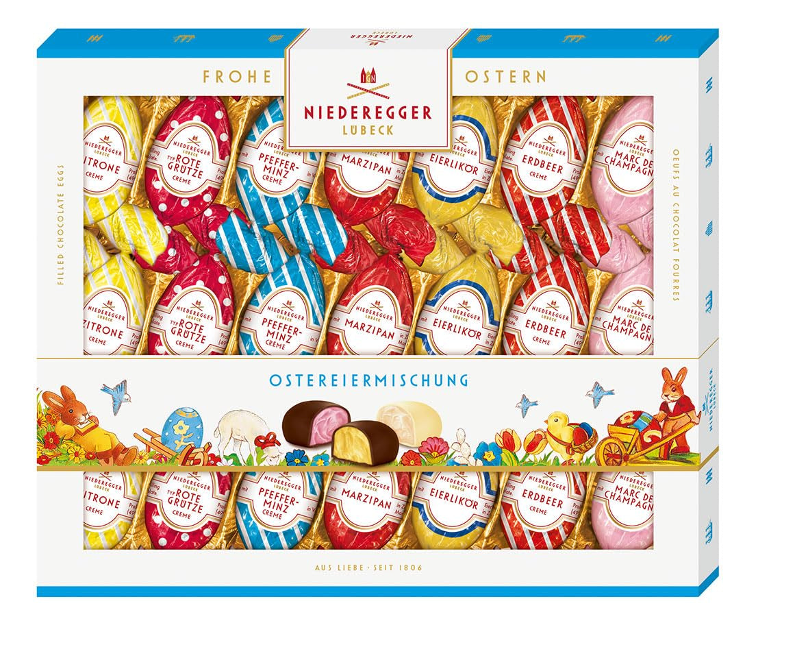 Niederegger | Mieszanka jaj wielkanocnych | 1x262g | Pisanki z różnymi nadzieniami marcepanowymi i pralinowymi | Oblane ciemną i białą czekoladą | Prezent wielkanocny