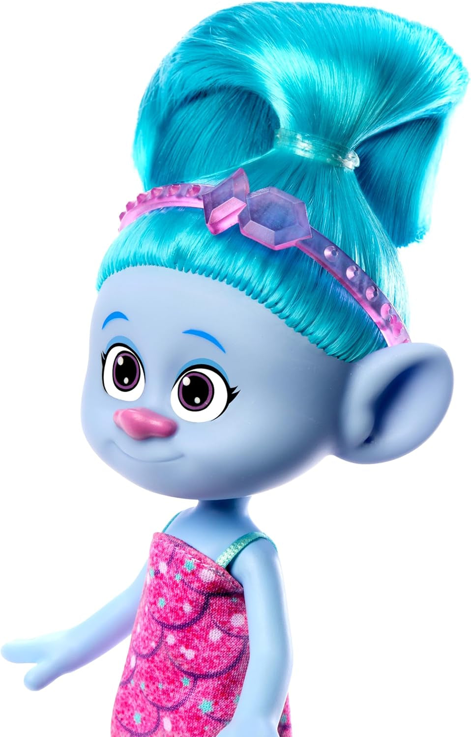 Mattel DREAMWORKS TROLLS United We Stand – lalka Chenille Hairy Surprises z błyszczącymi niebieskimi włosami, fioletową opaską na głowę, wiek od 3 lat, HNF15