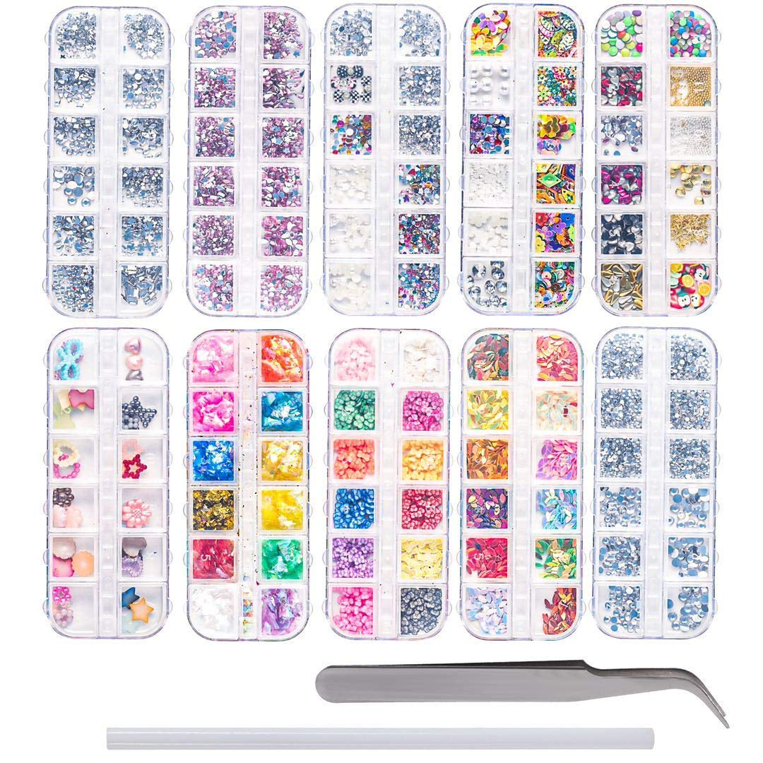 Zestaw 10 pudełek z cyrkoniami do paznokci, wielofunkcyjne akcesoria z 1 pęsetą, ozdobne diamenty, kryształy, perły, klejnoty, kolorowe, mieszane, oczy konia, kamienie metaliczne, do samodzielnego zdobienia paznokci