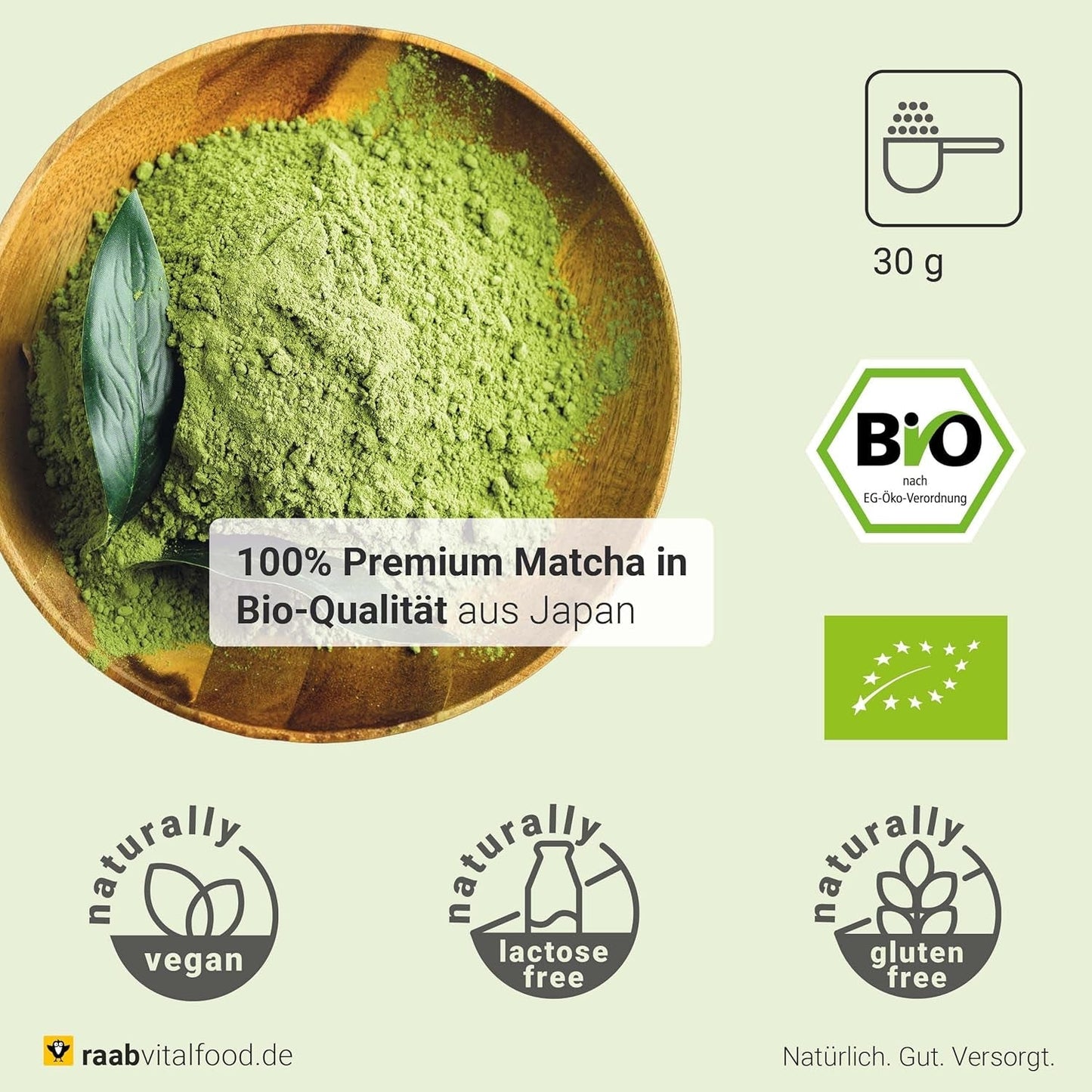 Raab Vitalfood® Premium Bio Matcha w proszku (30g) - Oryginalna z Japonii, czysta matcha w proszku bez dodatków, drobno zmielona, ​​o lekko gorzkim smaku, zielona herbata w proszku, wegańska, ceremonia herbaciana
