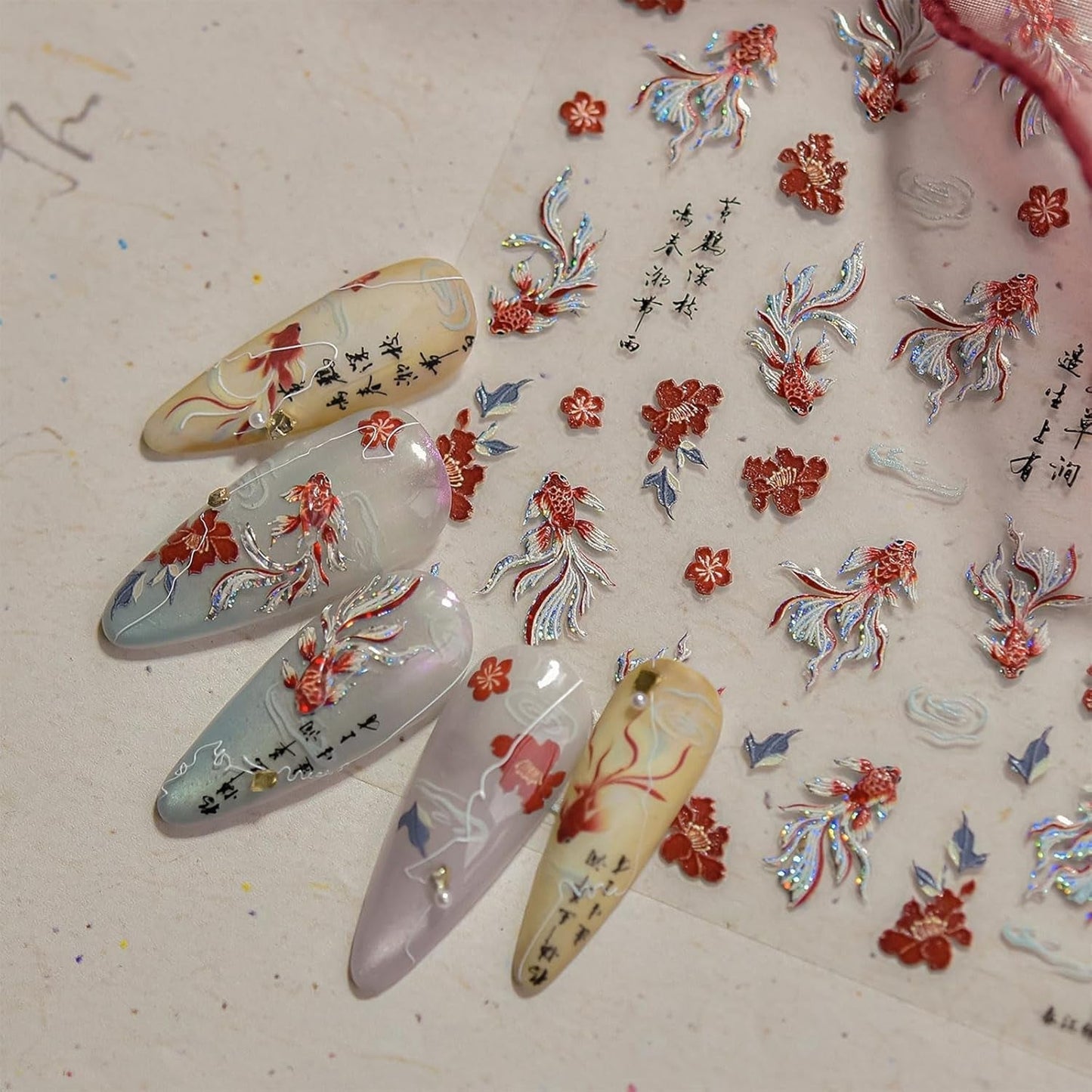 JMEOWIO 3D Nagelsticker Koi Fisch Nail Art Naklejka Selbstklebend Nagelaufkleber 5D Stereoskopisch Dekoration Nageldesign Zubehör 1 Blatt