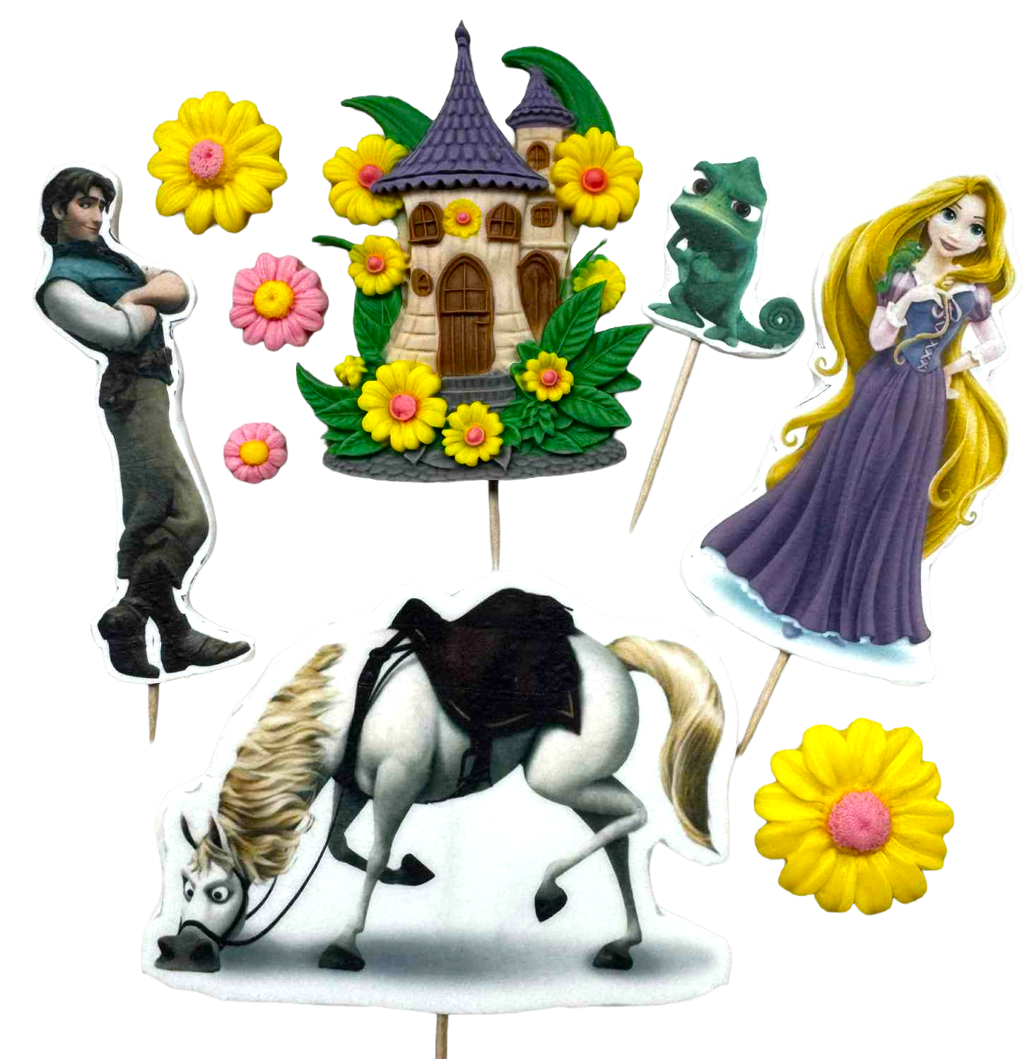 DulceCraft Zestaw 9 jadalnych dekoracji Roszpunka - Figurki z pasty cukrowej 1-10 cm na ciasta