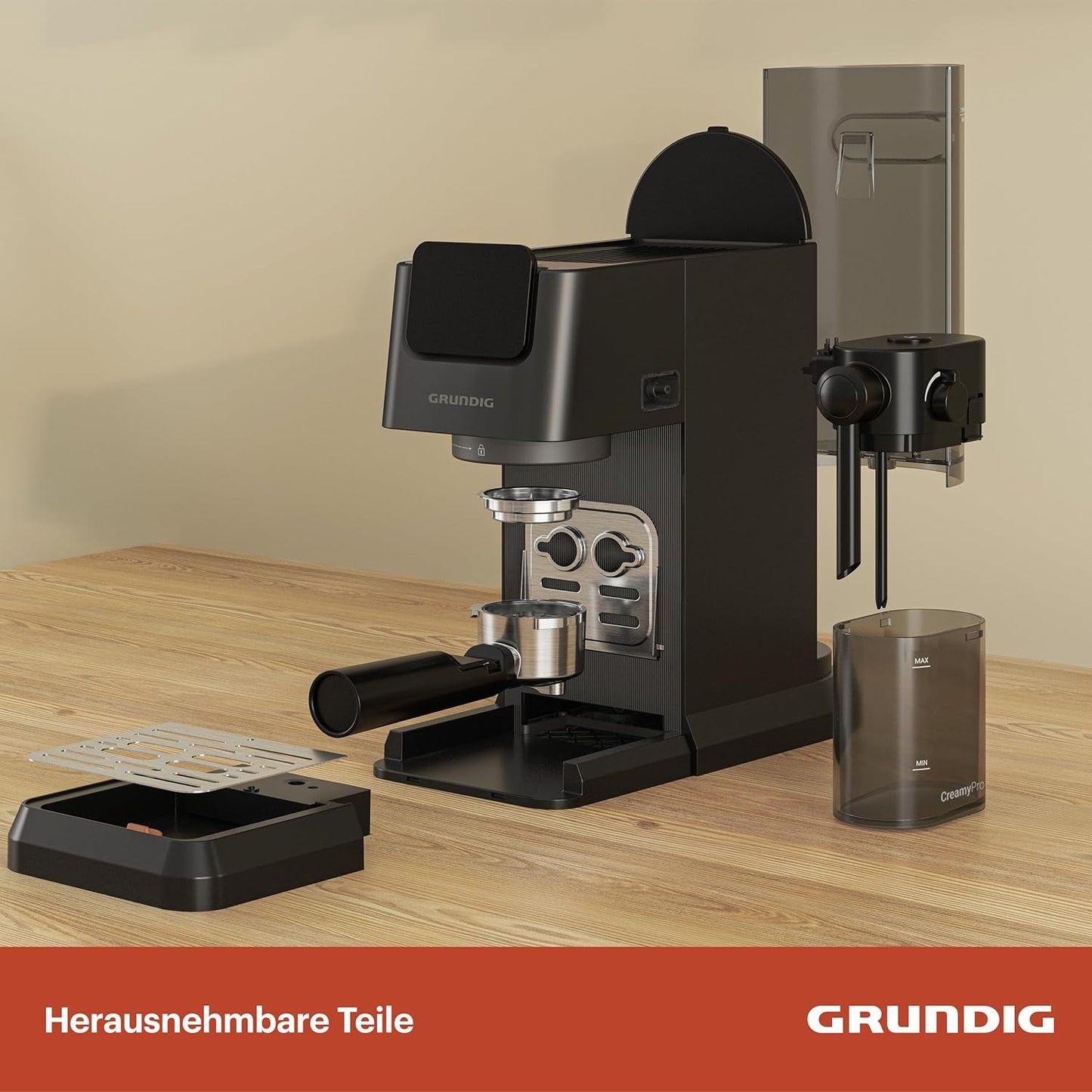 Ekspres do kawy z kolbą GRUNDIG KSM 5330 ze zintegrowanym pojemnikiem na mleko, moc 1628 W, ciśnienie pompy 15 bar, podwójna dysza, kolorowy wyświetlacz dotykowy, BrewSense, CreamyPro, Ciemna stal nierdzewna/Czarny